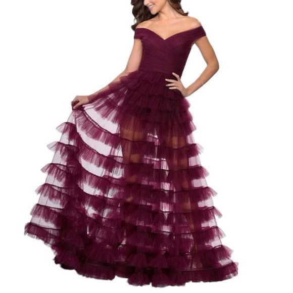 La Femme 28804 Dark Berry A-Line Off The Shoulder Tiered Maxi Dress Size 8 NWT - Picture 3 of 6